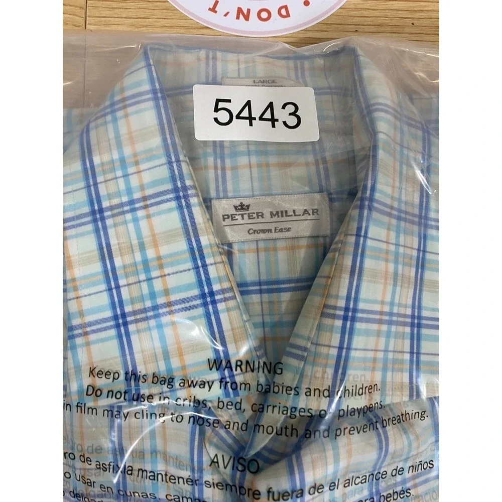 Peter Millar Crown Comfort Mens LARGE‎ Blue Plaid Button Down Shirt Long Sleeve